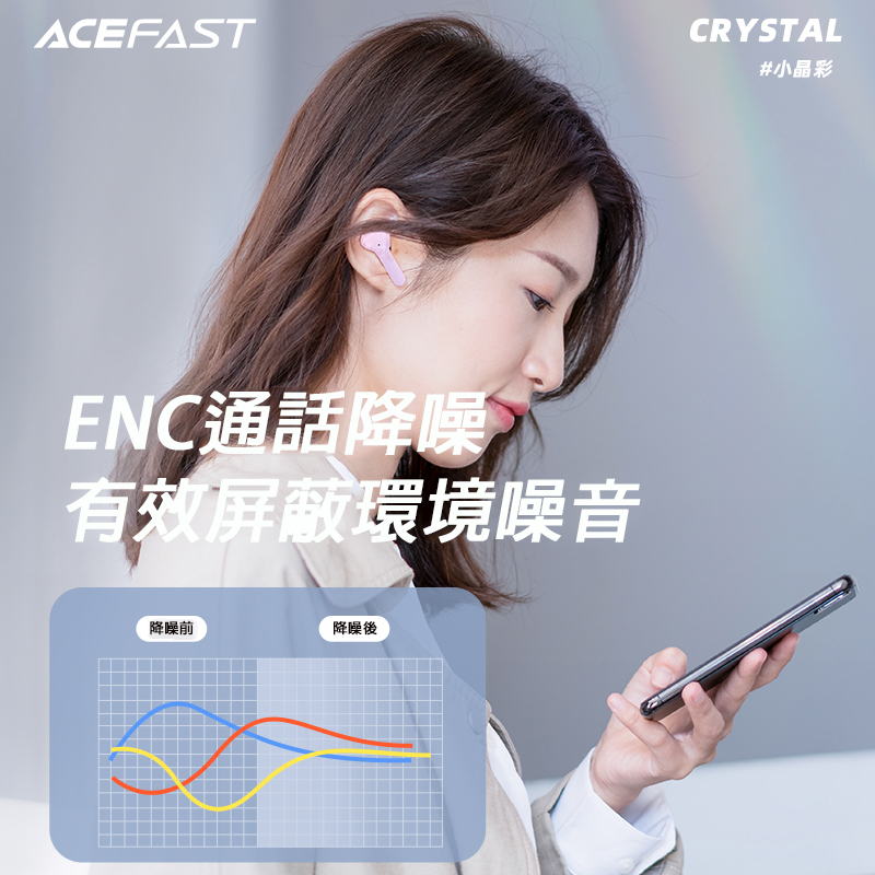 ACEFAST小晶彩無線藍牙耳機 HIFI聲學音質 ENC降噪 透明炫彩 遊戲音樂無延遲 20h超強續航